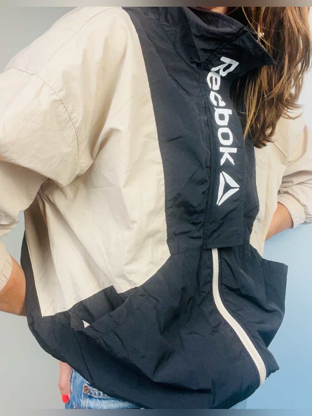 Vintage Reebok Colorblock Windbreaker – Pink Beige & Black – Size XL